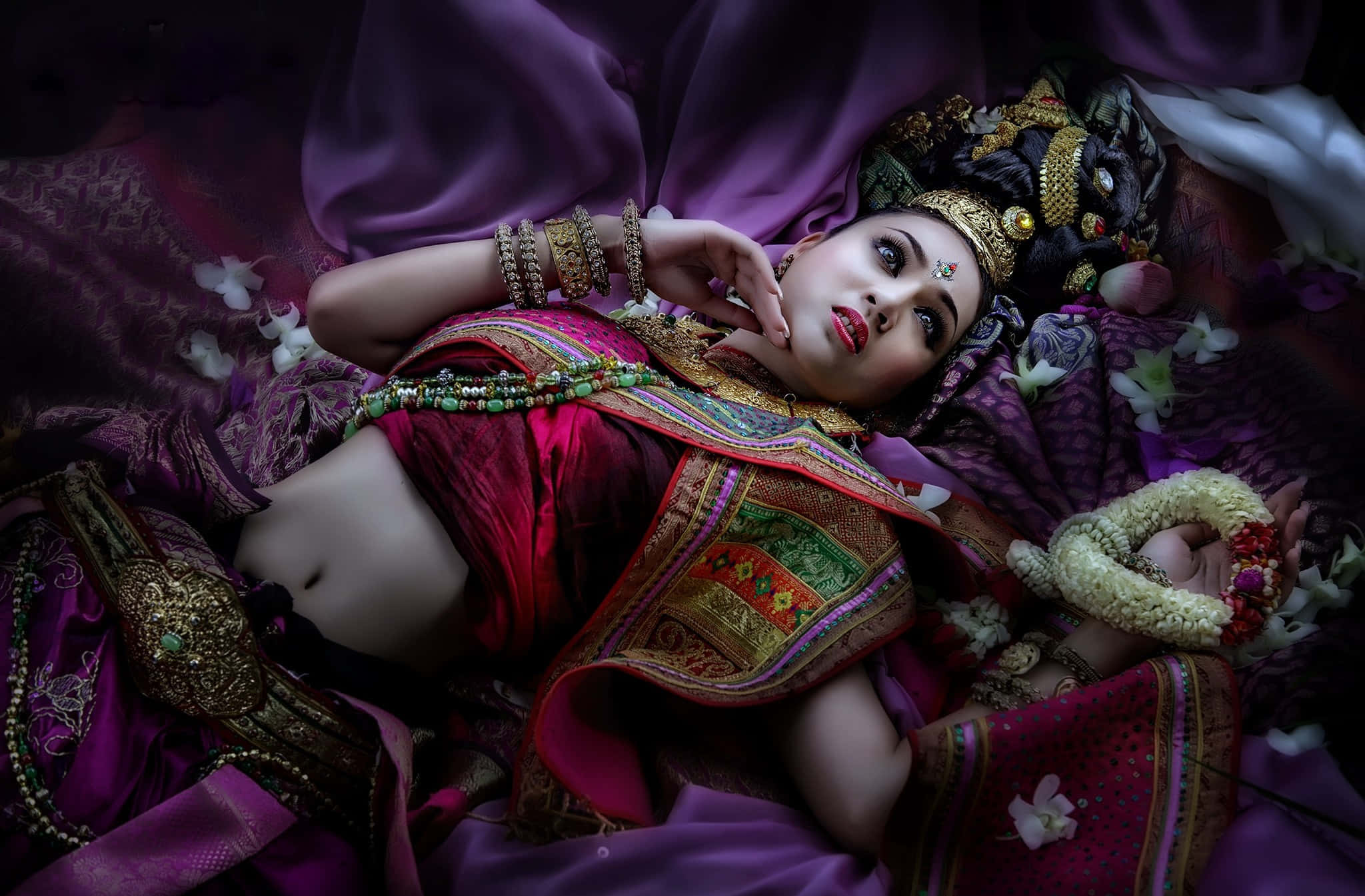 Thai Girl, traditional attire, rich purple fabrics, Full HD Desktop Wallpaper