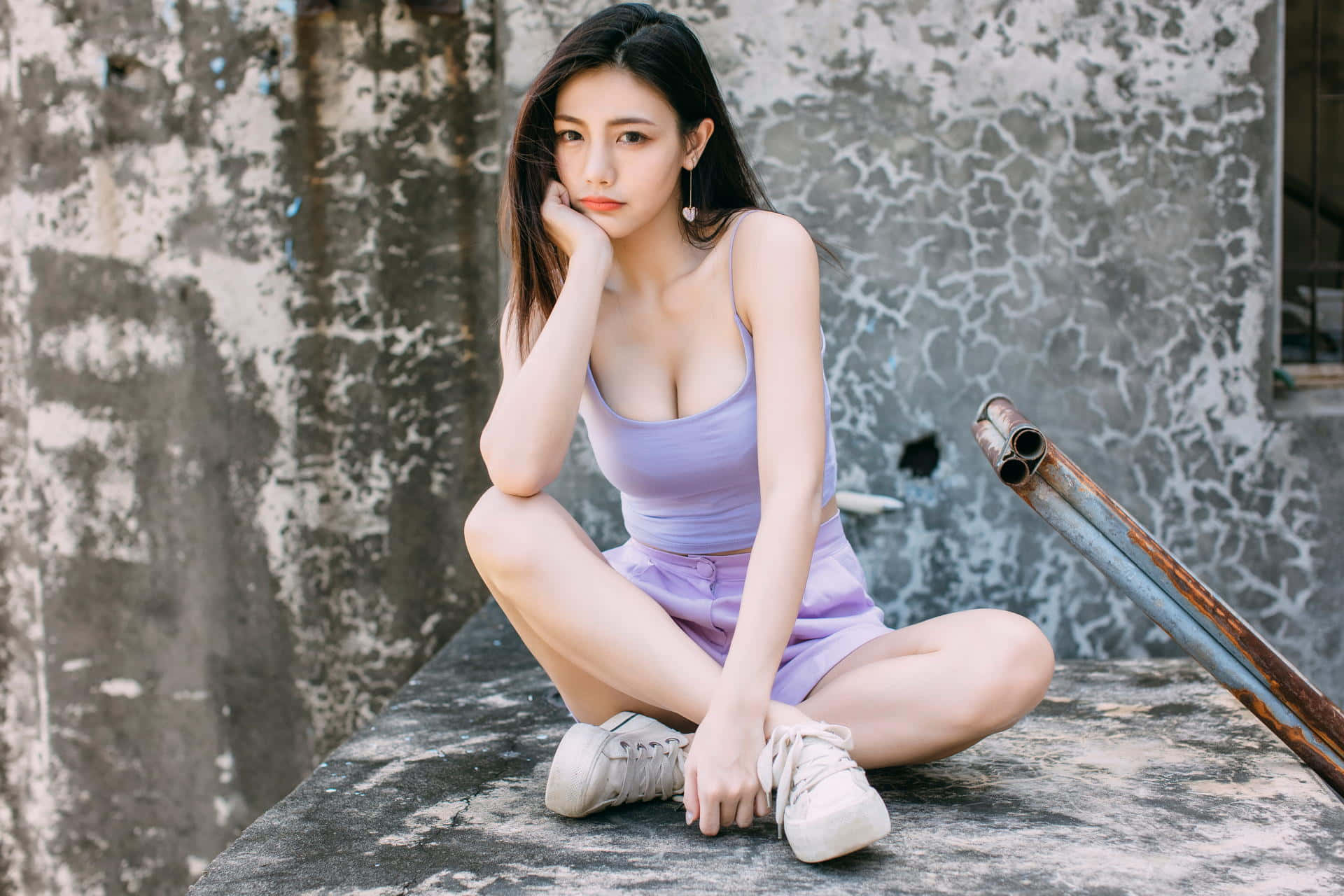 Thai Girl, lavender outfit, weathered rooftop, Full HD Desktop Wallpaper