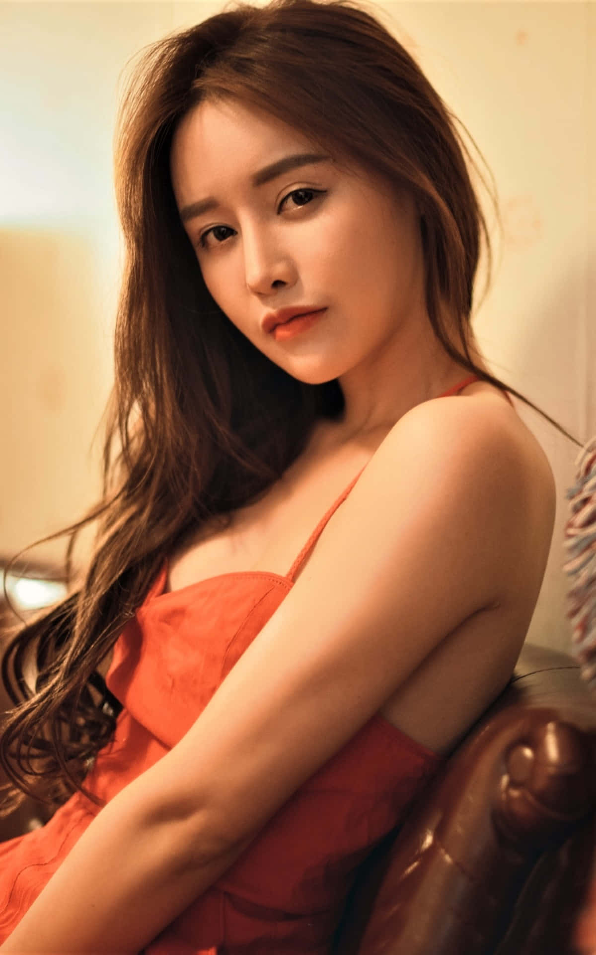 Thai Girl, red dress, long brown hair, Full HD Phone Wallpaper