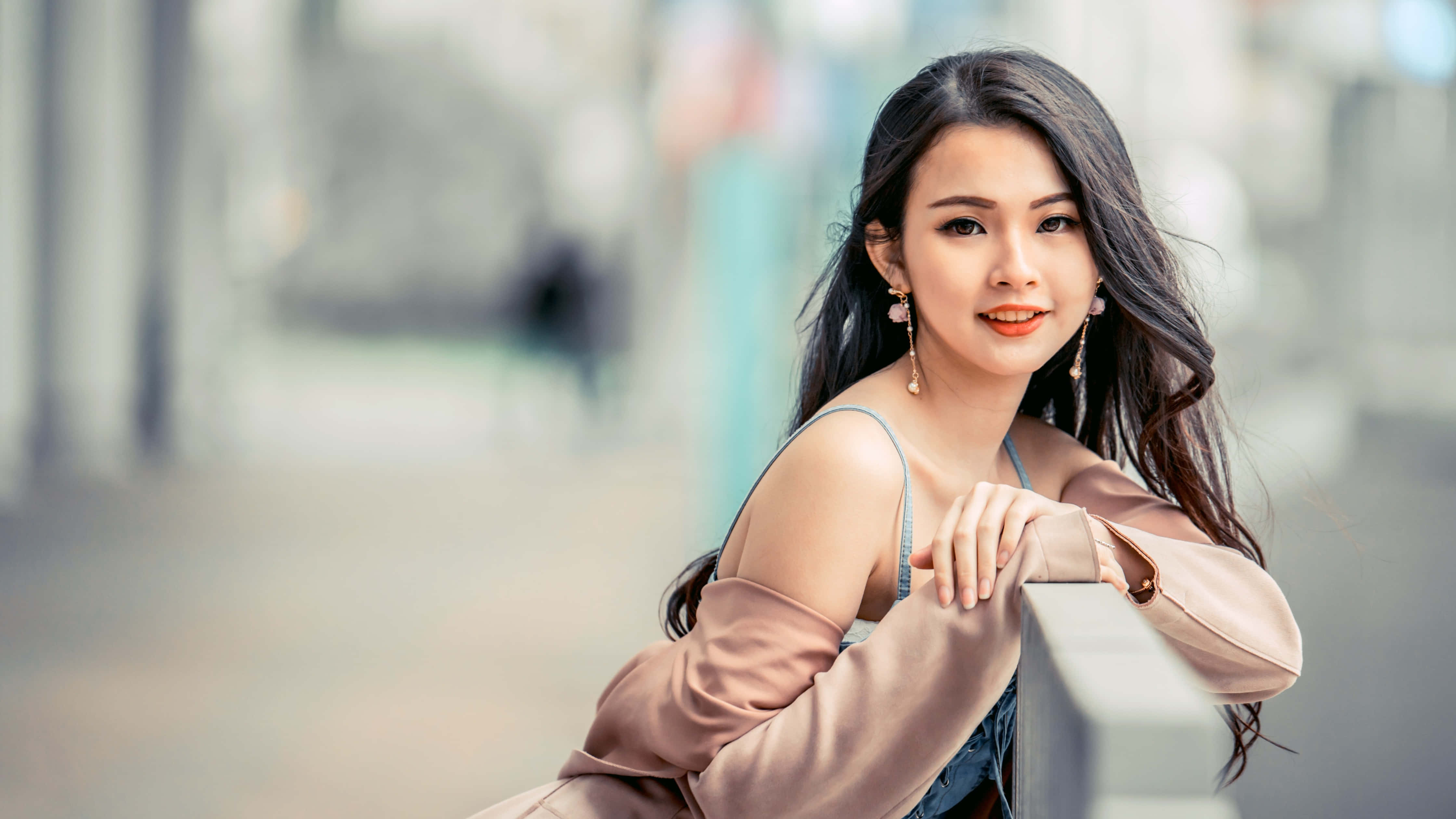 Thai Girl, long dark hair, railing, 4K Desktop Wallpaper