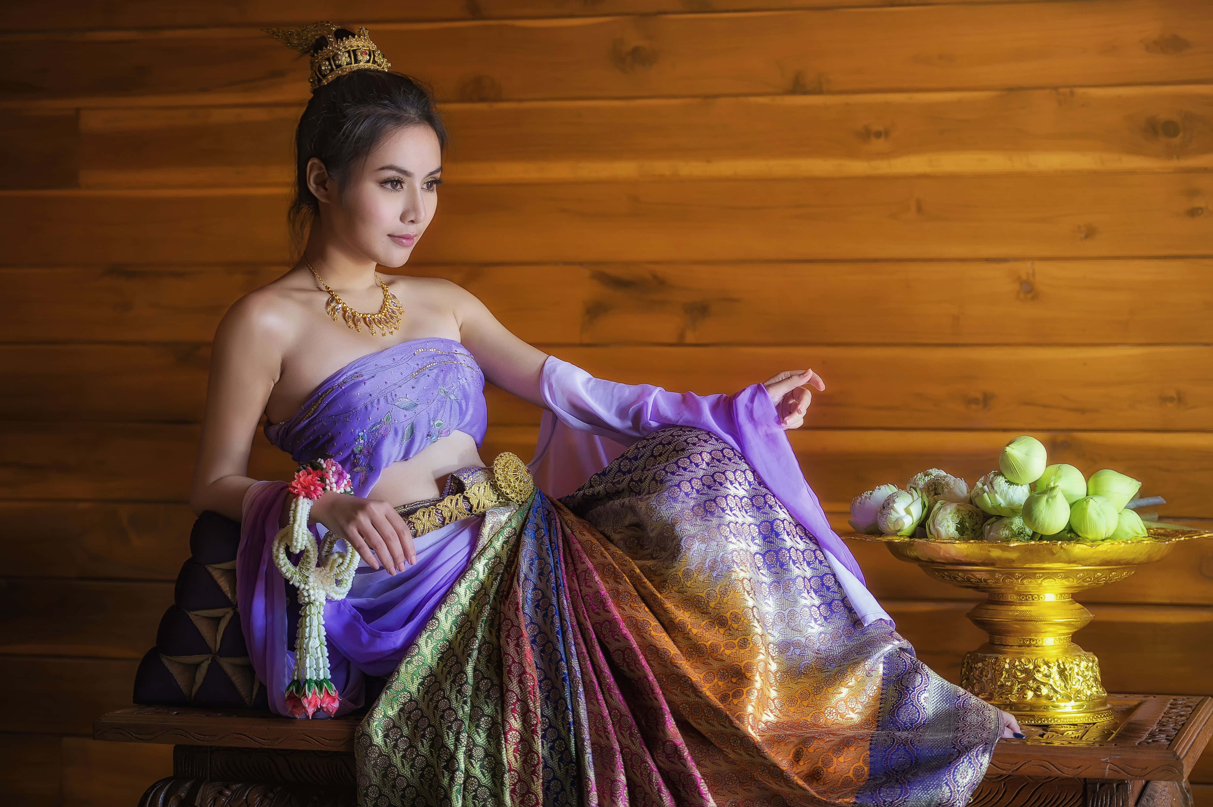 Thai traditional dress, ornate purple Thai traditional dress, wooden bench, 4K Desktop Wallpaper