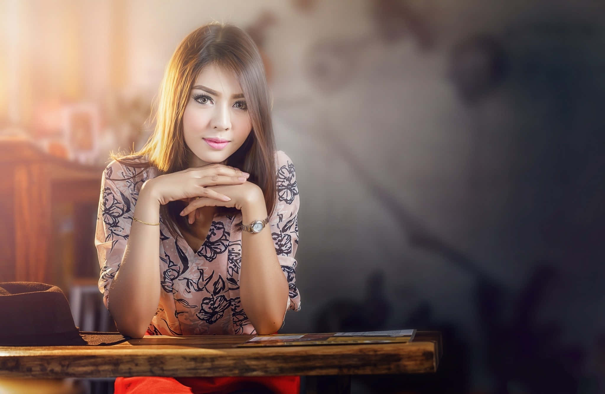 Thai Girl, wooden desk, traditional attire, Full HD Desktop Wallpaper