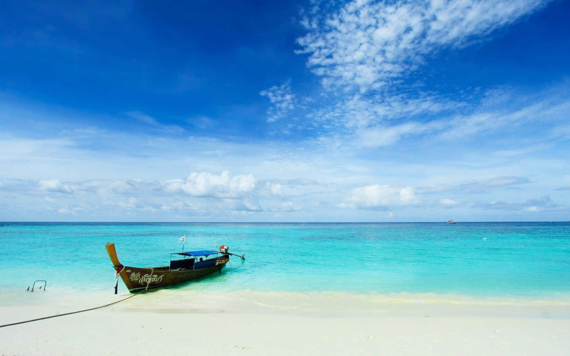 Thailand Beach, traditional wooden longtail boat, pristine white sand, Full HD Desktop Wallpaper