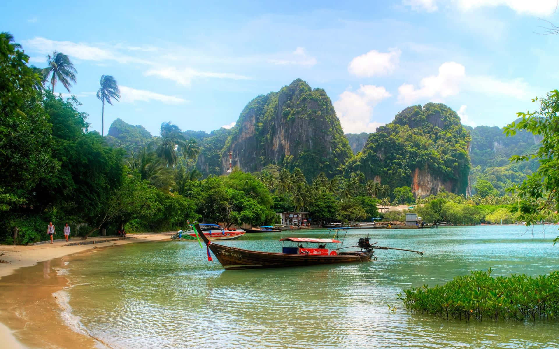 longtail boat, tropical beach, Thailand, Full HD Desktop Wallpaper