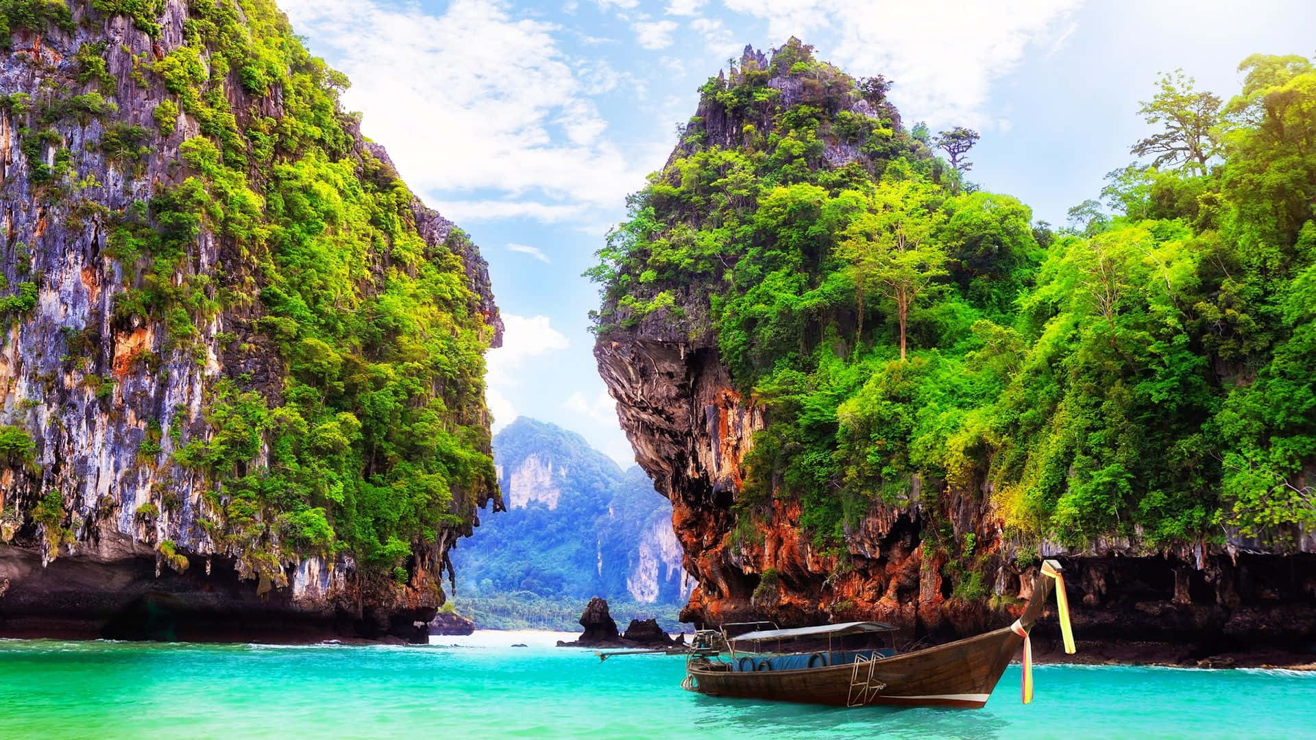 Thailand Beach, longtail boat, turquoise waters, Full HD Desktop Wallpaper