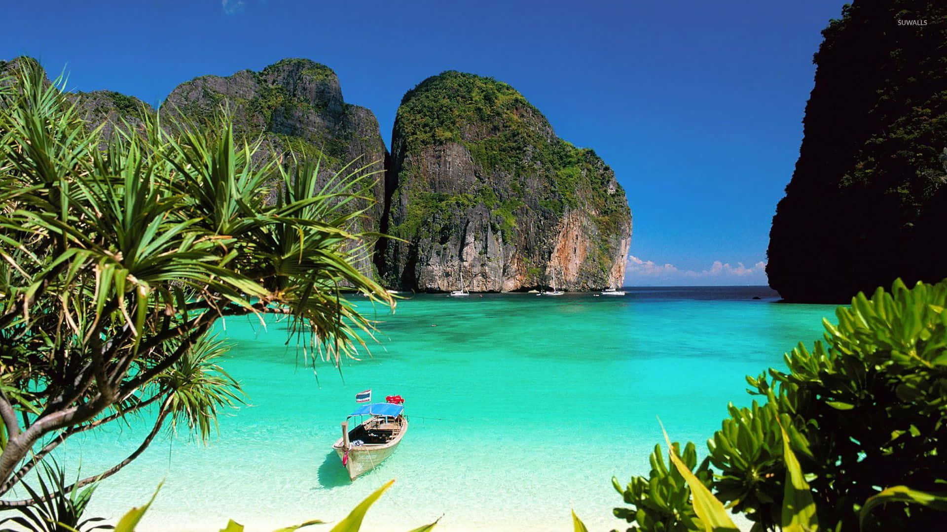 Thailand Beach, longtail boat, crystal turquoise waters, Full HD Desktop Wallpaper