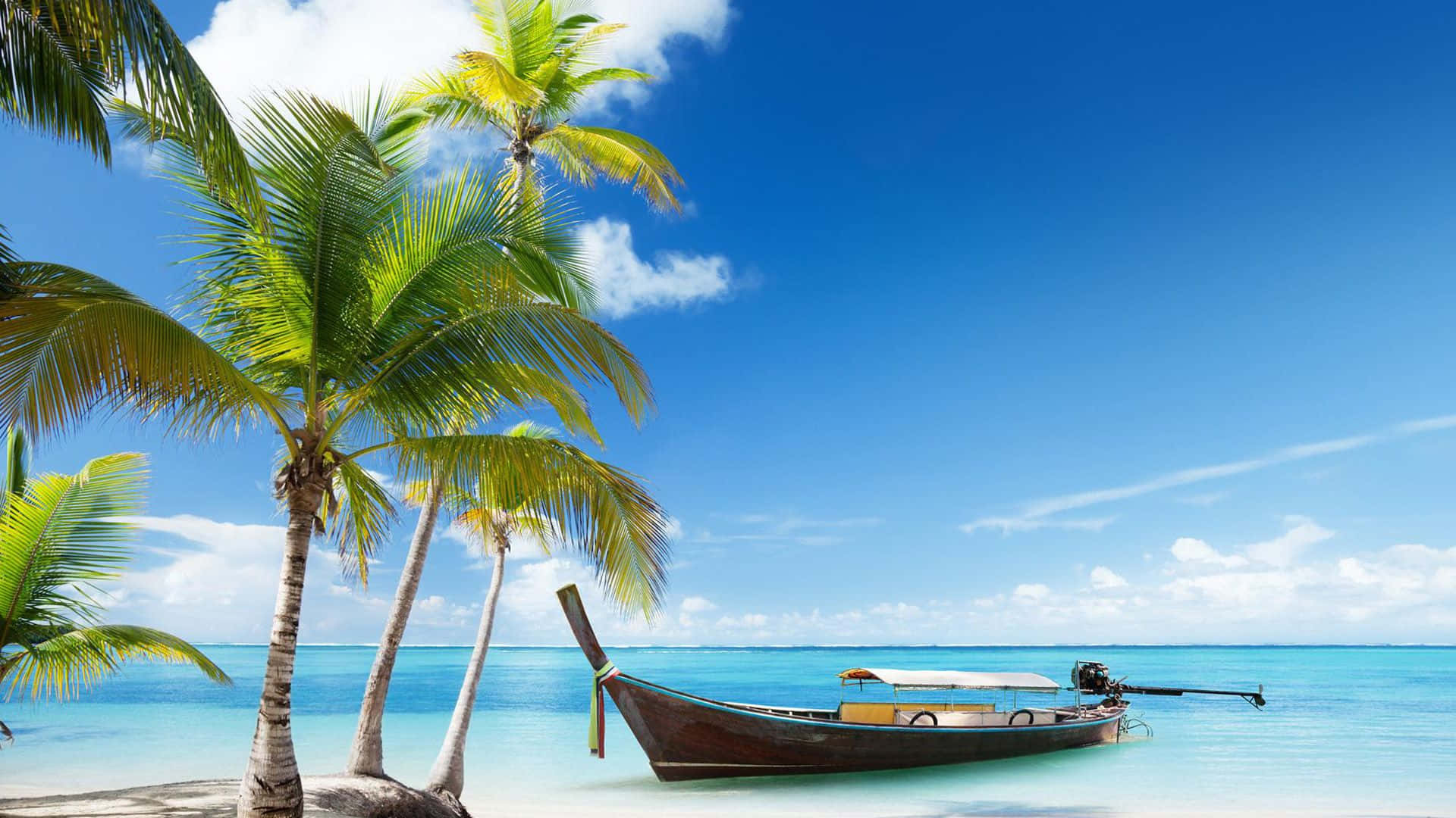Thailand Beach, wooden longtail boat, turquoise waters, Full HD Desktop Wallpaper