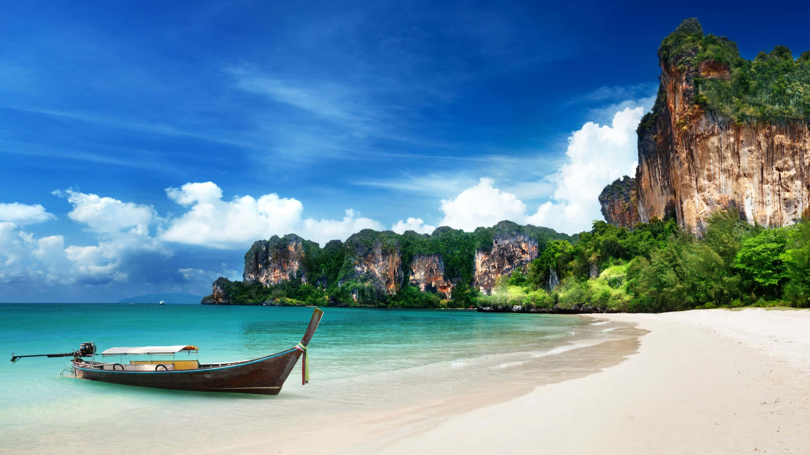 longtail boat, pristine white sand beach, turquoise waters, 2K Desktop Wallpaper