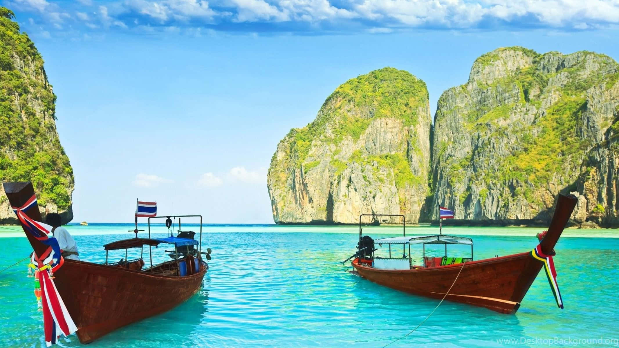 traditional thai longtail boats, crystal clear turquoise water, towering green cliffs, Full HD Desktop Wallpaper