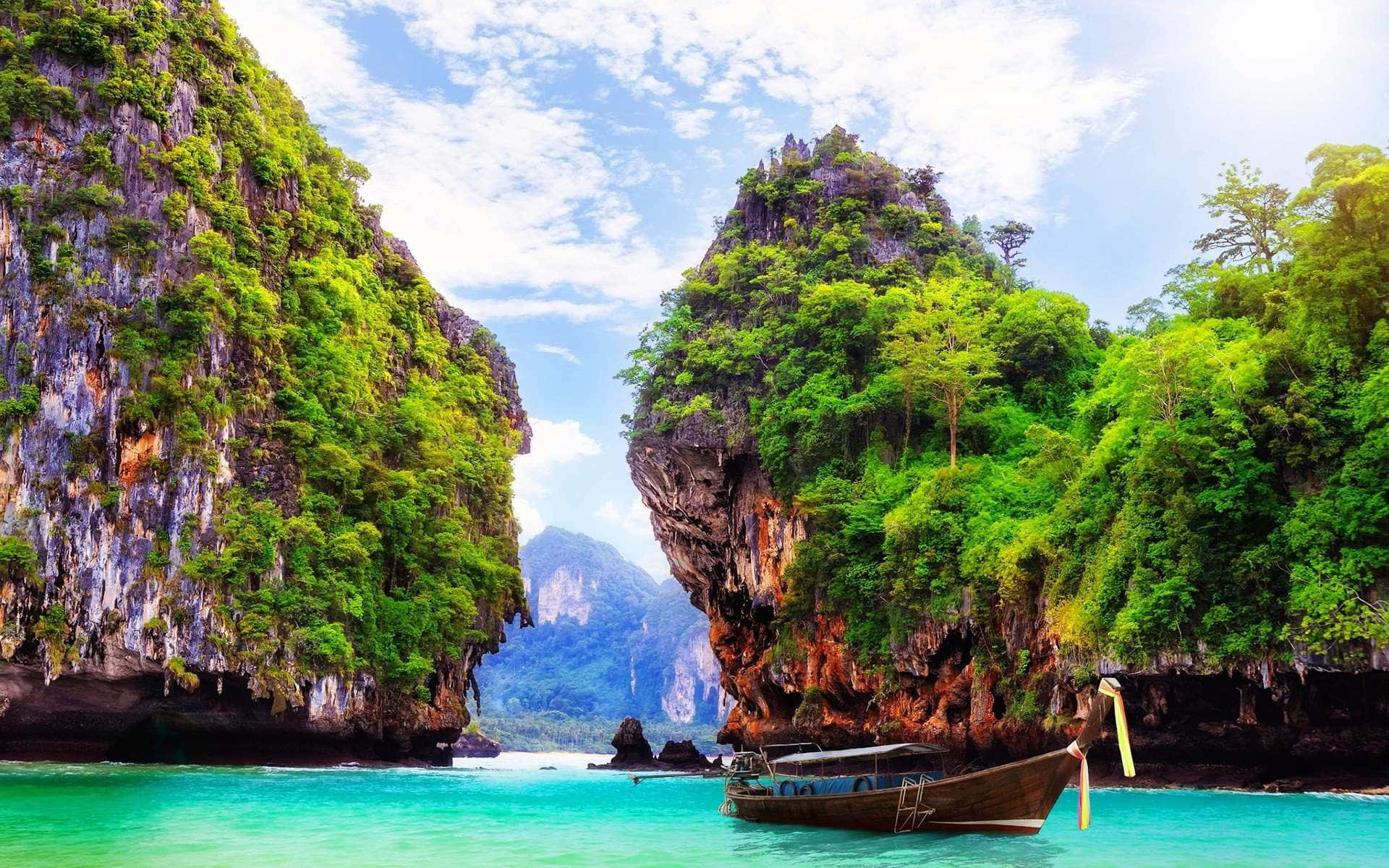 Thailand, tropical paradise island, wooden longtail boat, Full HD Desktop Wallpaper