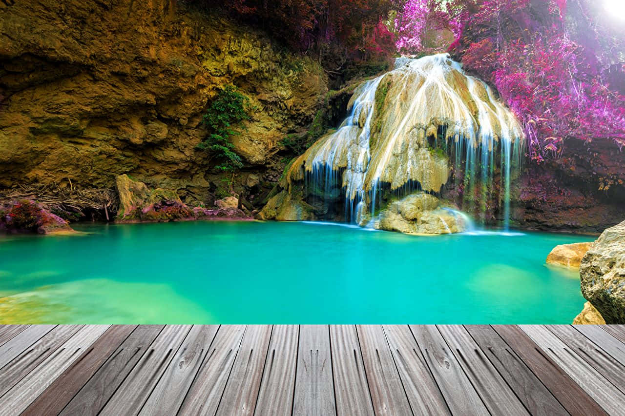 tropical waterfall, Thailand, wooden deck, HD Desktop Wallpaper