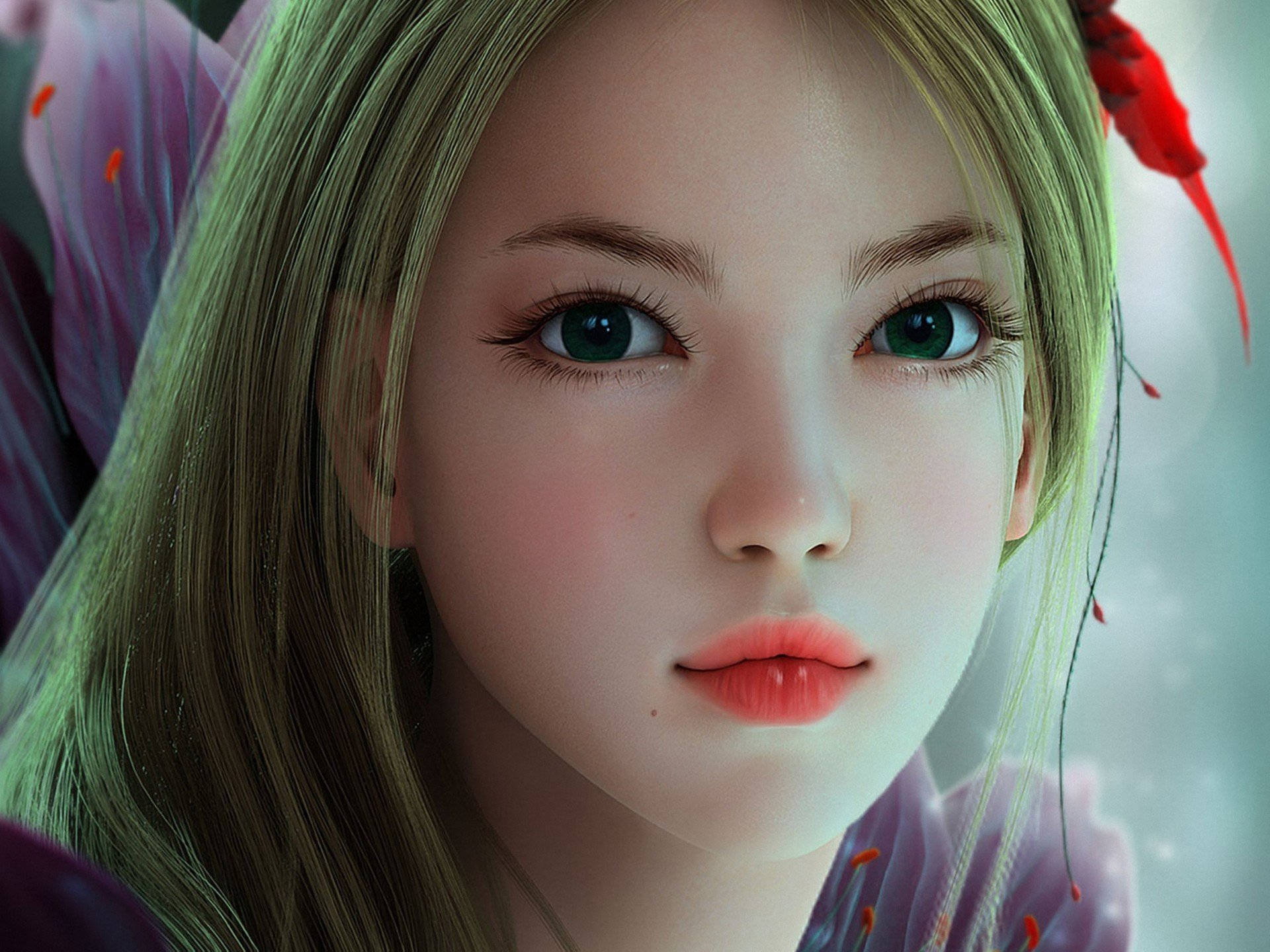 anime-style girl, green eyes, blonde hair, Full HD Desktop Wallpaper