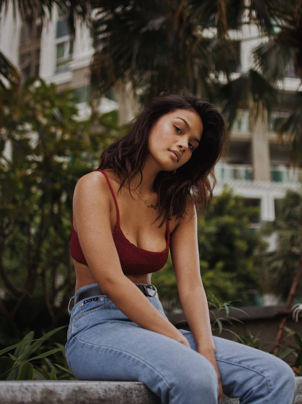 Thailand Woman, red crop top, blue jeans, HD Phone Wallpaper