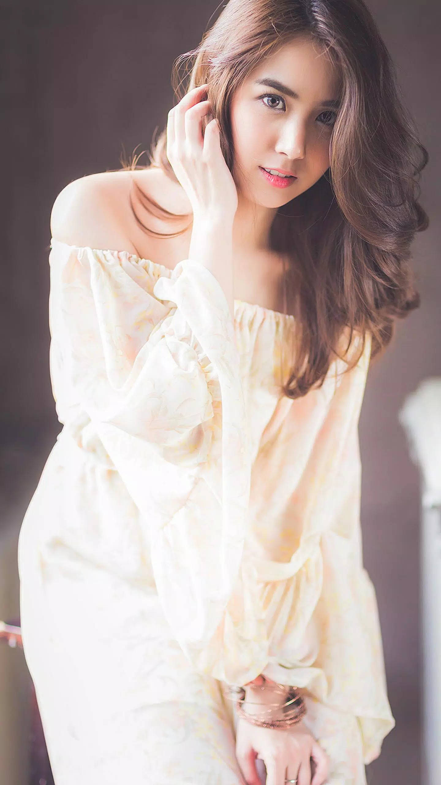 Thailand Woman, off shoulder dress, wavy brown hair, 2K Phone Wallpaper