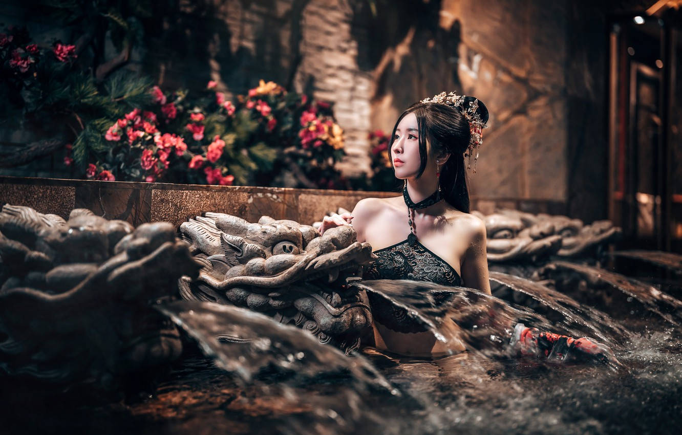 Thailand Woman, ornate black attire, stone hot spring, HD Desktop Wallpaper