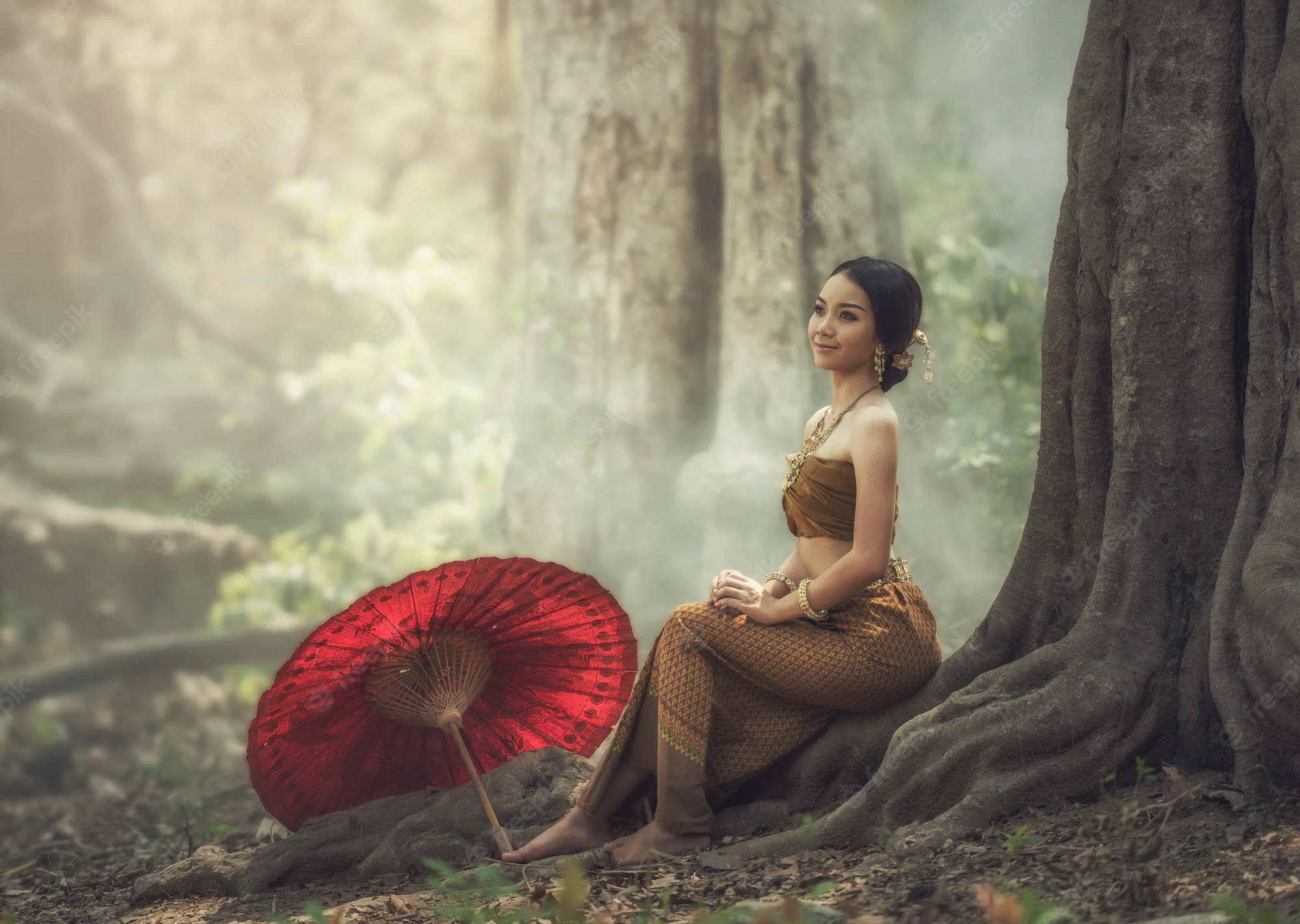 Thailand Woman, traditional Thai attire, vibrant red parasol, Full HD Desktop Wallpaper