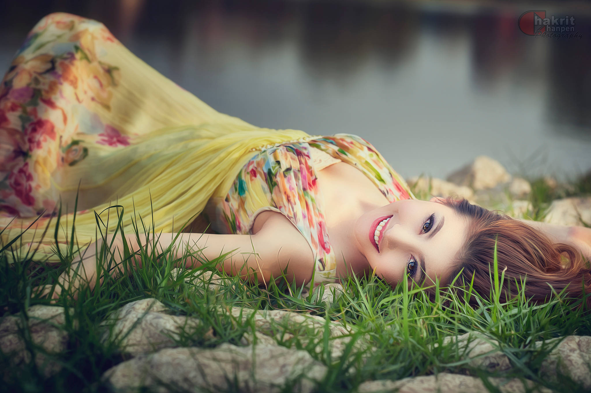 Thailand Woman, floral yellow dress, grass, Full HD Desktop Wallpaper