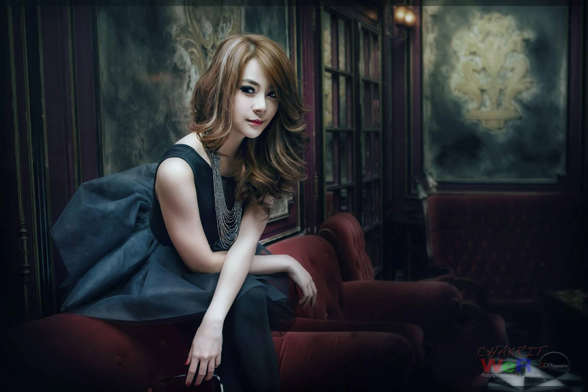 Thailand Woman, black dress, red velvet chair, Full HD Desktop Wallpaper