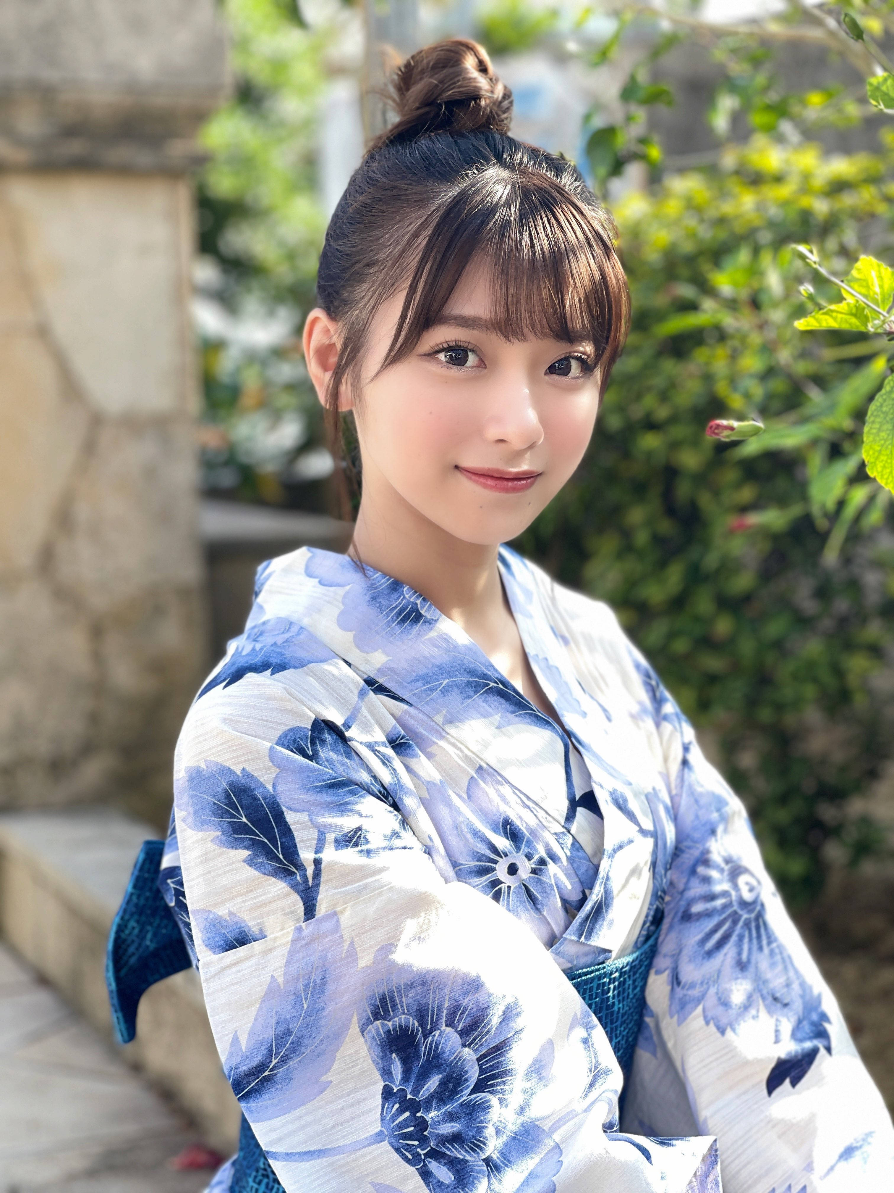 blue and white floral kimono, sunlit garden backdrop, stone architecture, 4K Phone Wallpaper