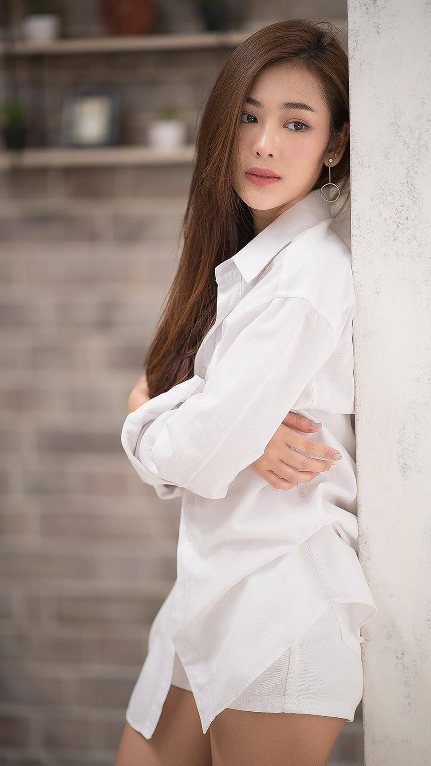 Thailand Woman, white oversized shirt, textured wall, 2K Phone Wallpaper
