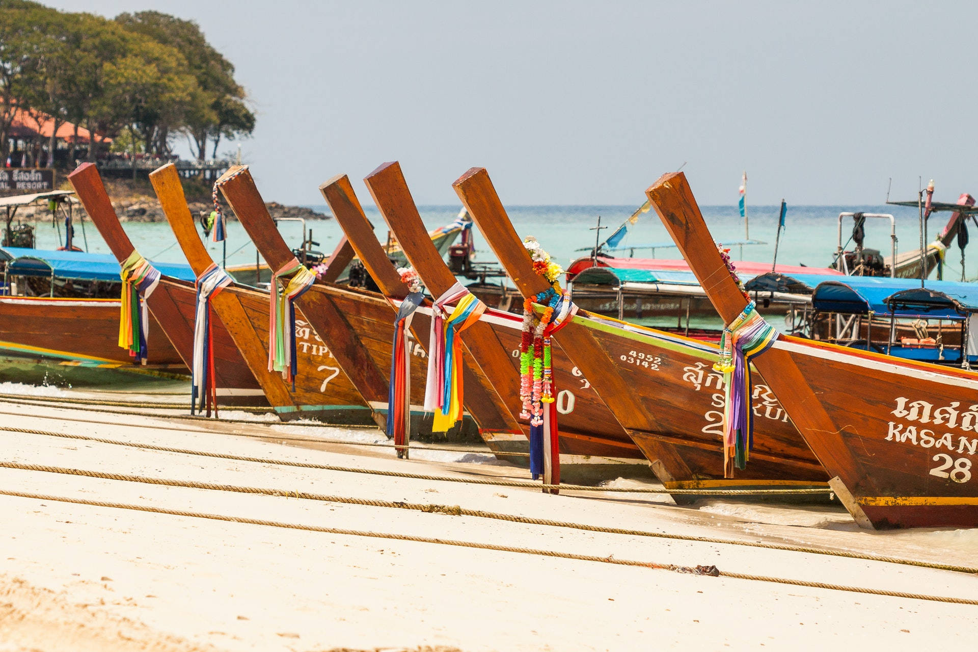 Thailand, beach boats, traditional wooden longtail boats, Full HD Desktop Wallpaper