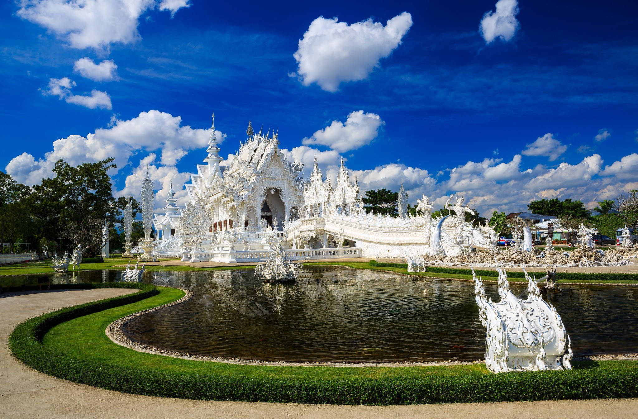 Thailand, white temple, curved pond, Full HD Desktop Wallpaper