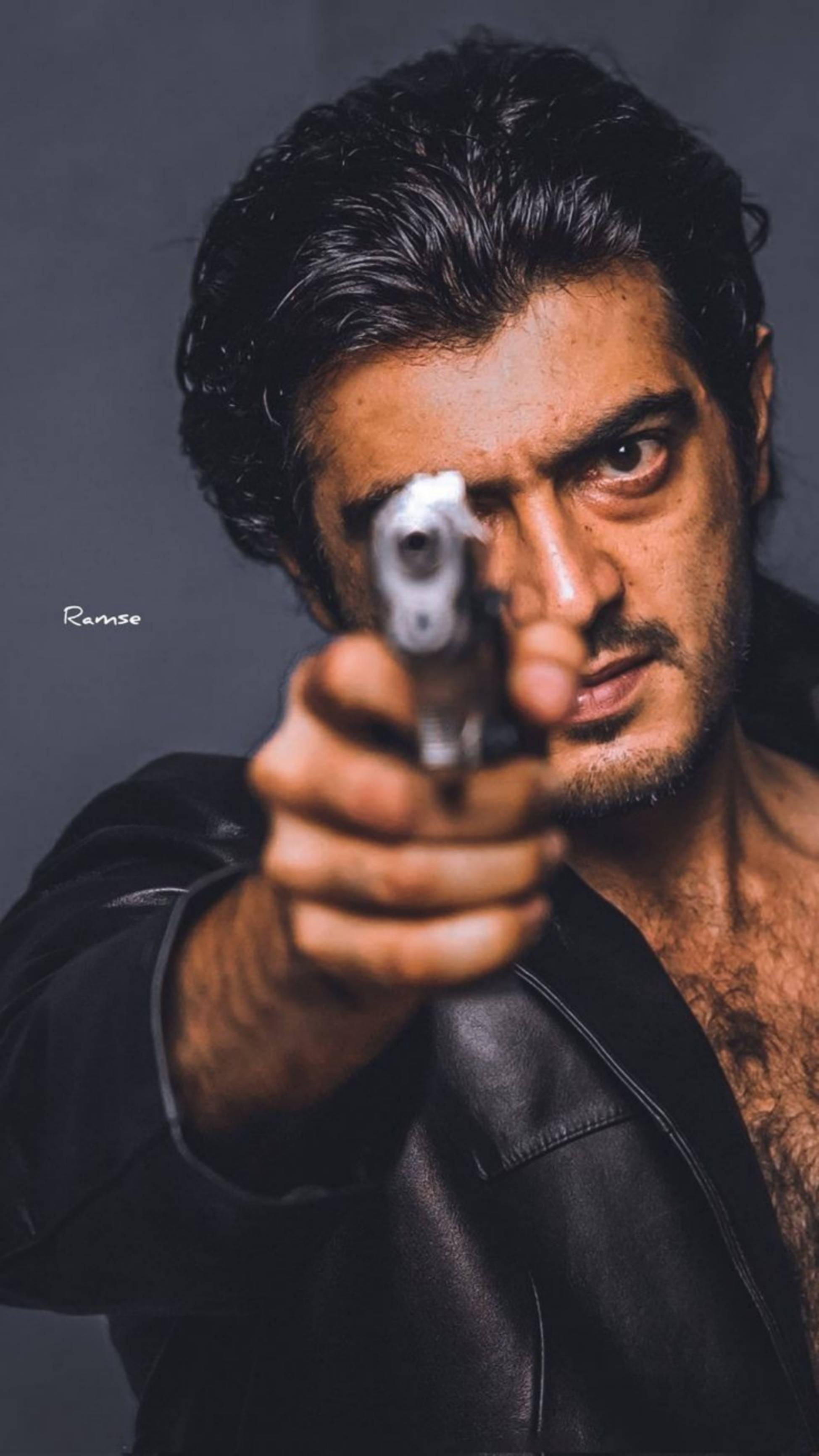 Thala Ajith, silver pistol, intense eyes, 2K Phone Wallpaper
