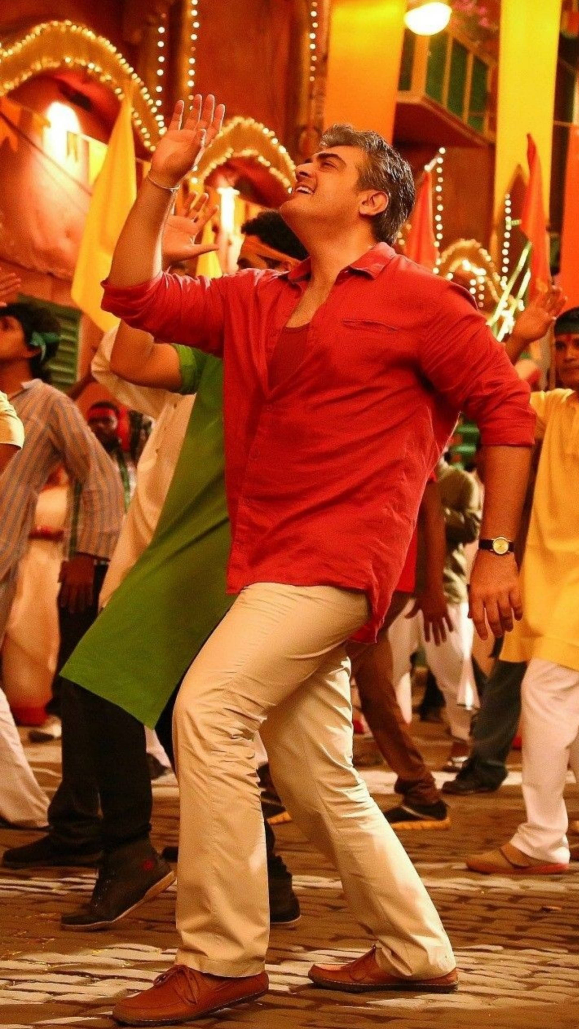 Thala Ajith, red shirt, festive indoor gathering, 2K Phone Wallpaper