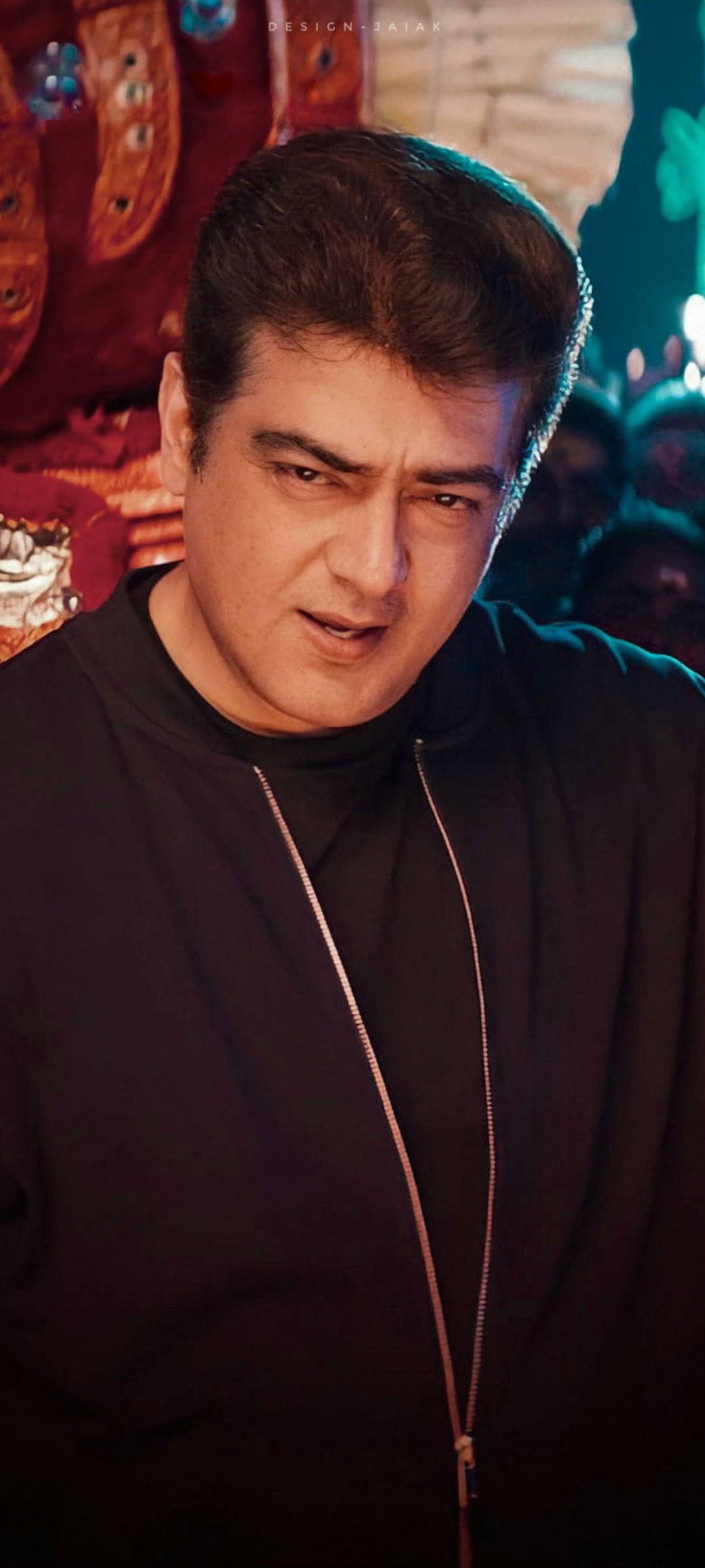 Thala Ajith, black zip-up jacket, warm ambient lighting, Full HD Phone Wallpaper