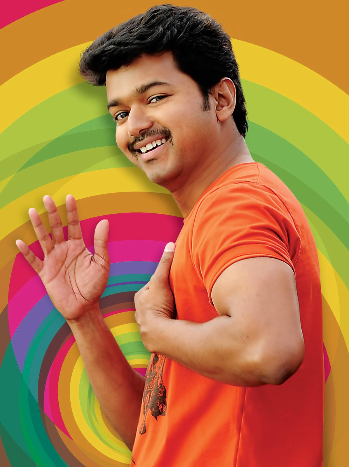 Thalapathy HD, rainbow background, orange shirt, HD Phone Wallpaper