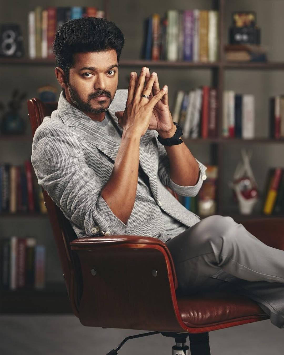 Thalapathy HD, grey outfit, red leather chair, HD Phone Wallpaper