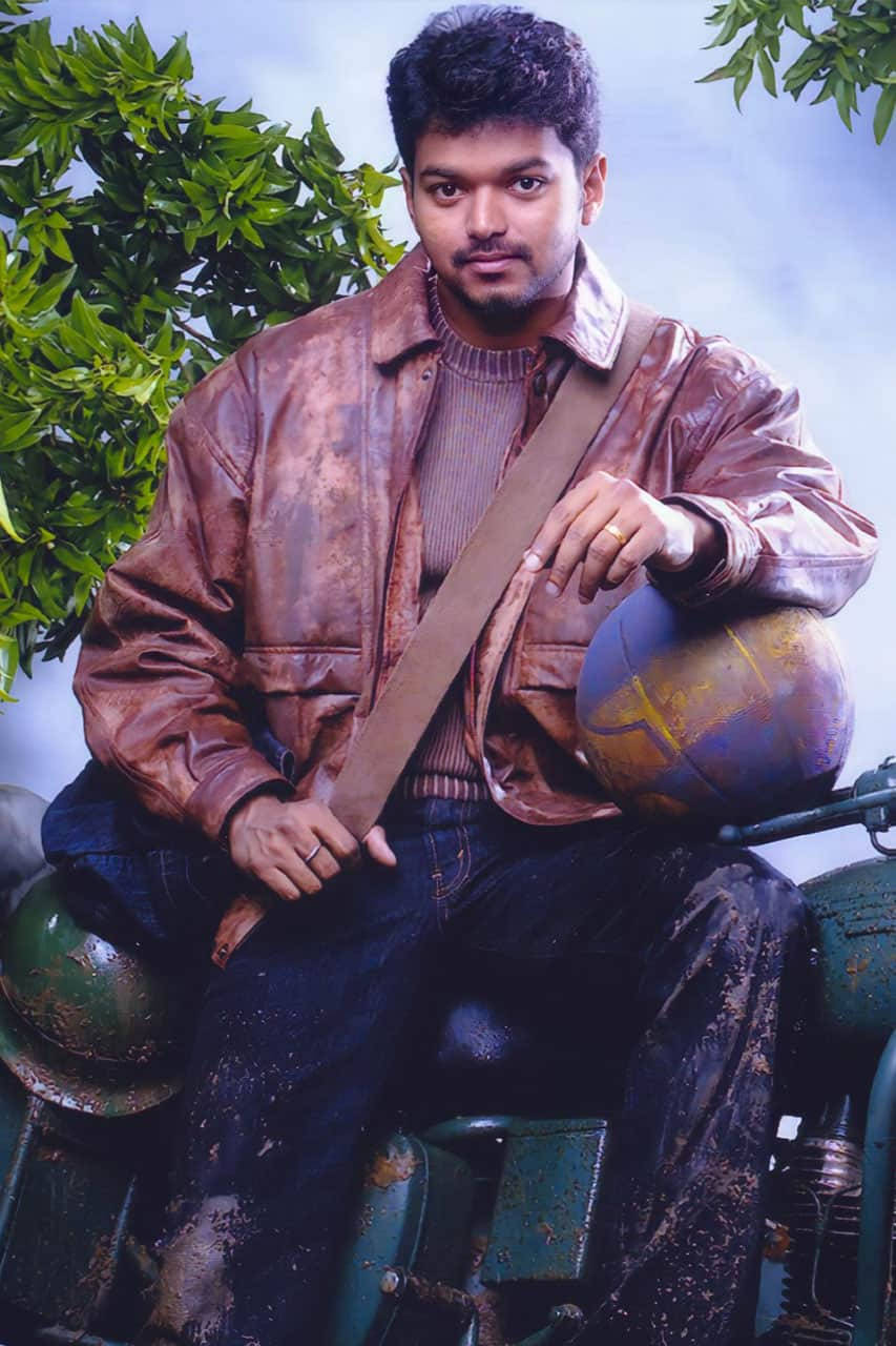 Thalapathy HD, brown leather jacket, vintage motorcycle, HD Phone Wallpaper