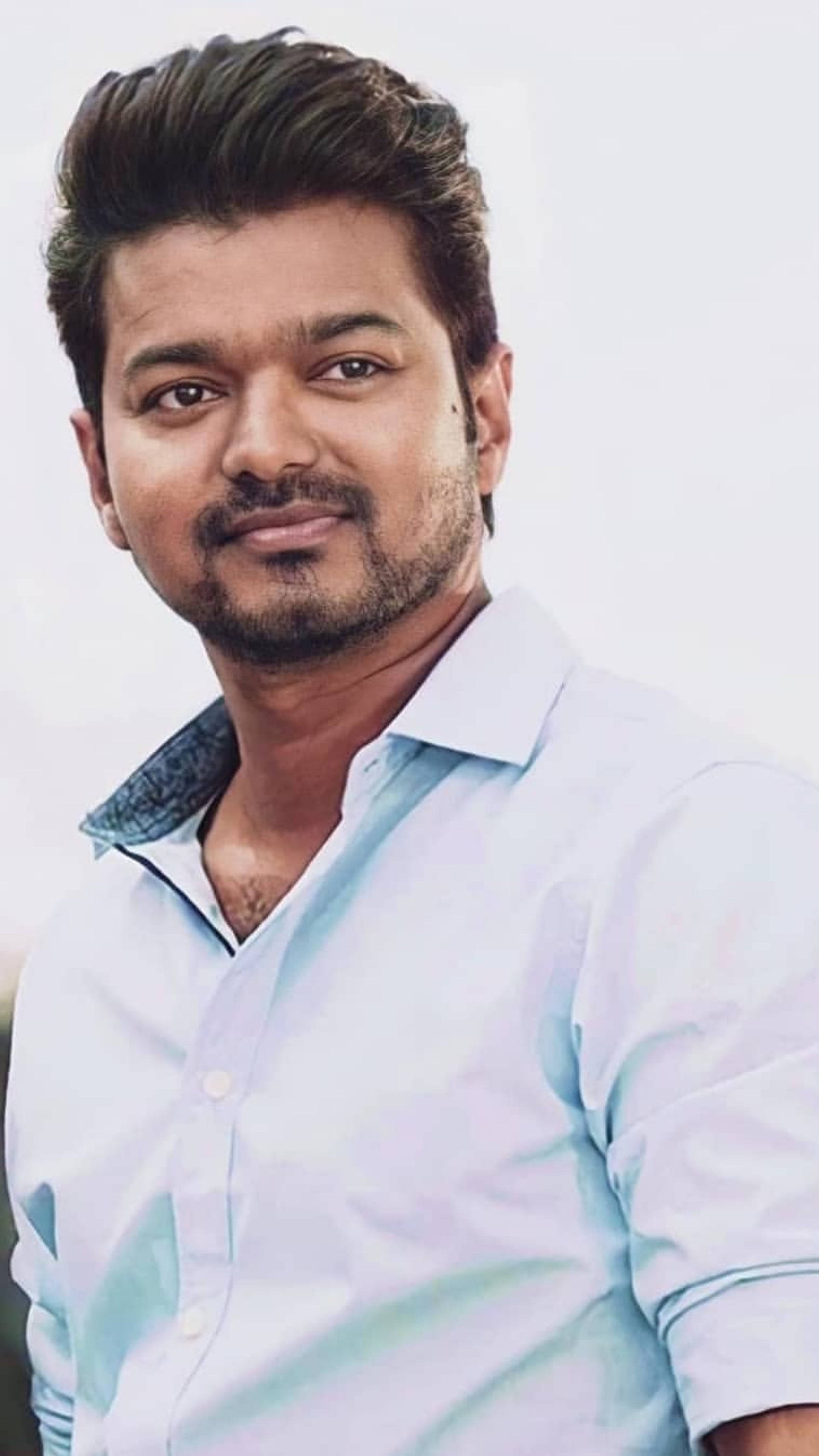 Thalapathy HD, white polo, light blue button-up shirt, 2K Phone Wallpaper