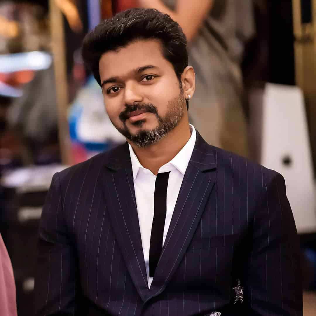 Thalapathy HD, dark pinstripe suit, black tie, SD Desktop Wallpaper