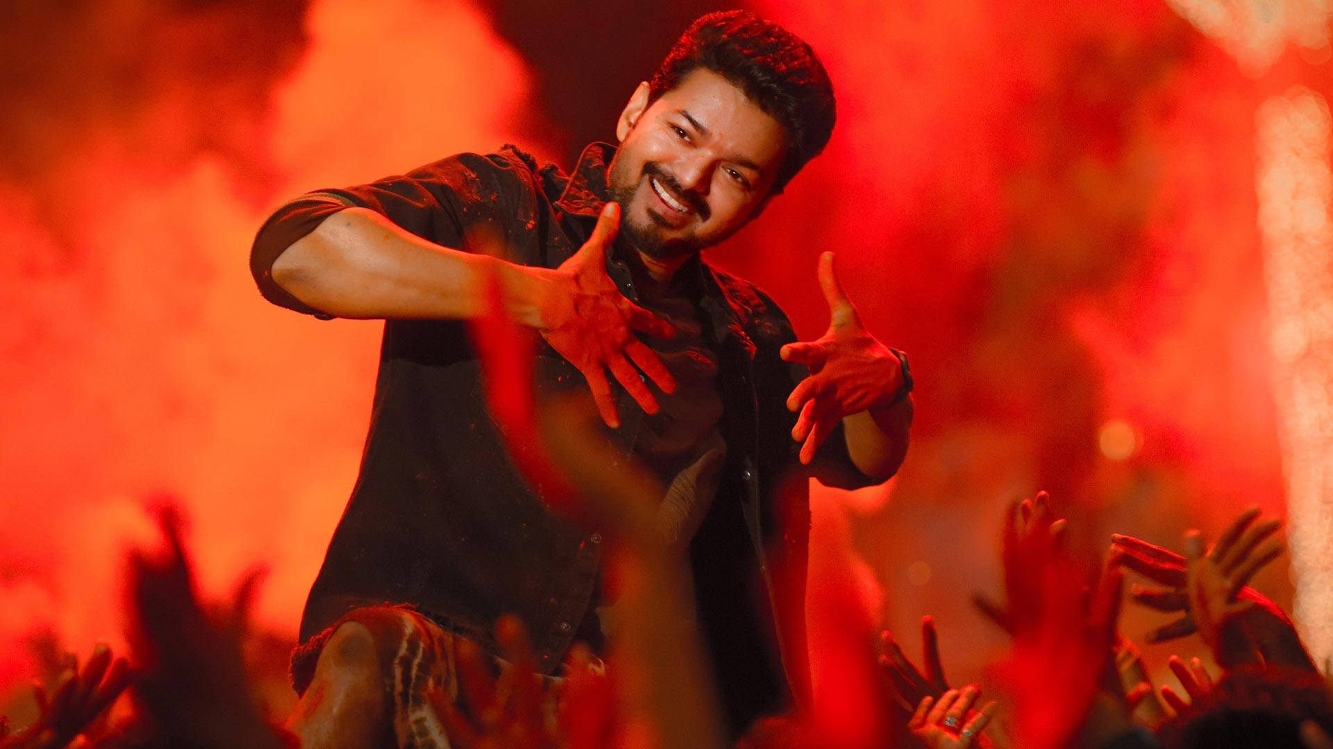 Thalapathy HD, black shirt, fiery red stage lights, Full HD Desktop Wallpaper