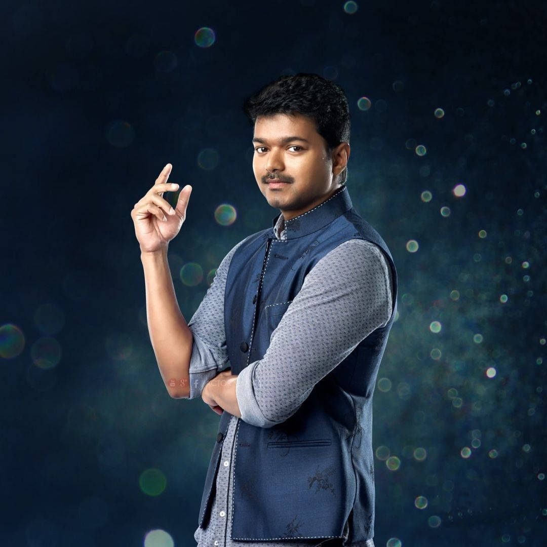 Thalapathy Vijay, blue vest, patterned shirt, SD Desktop Wallpaper
