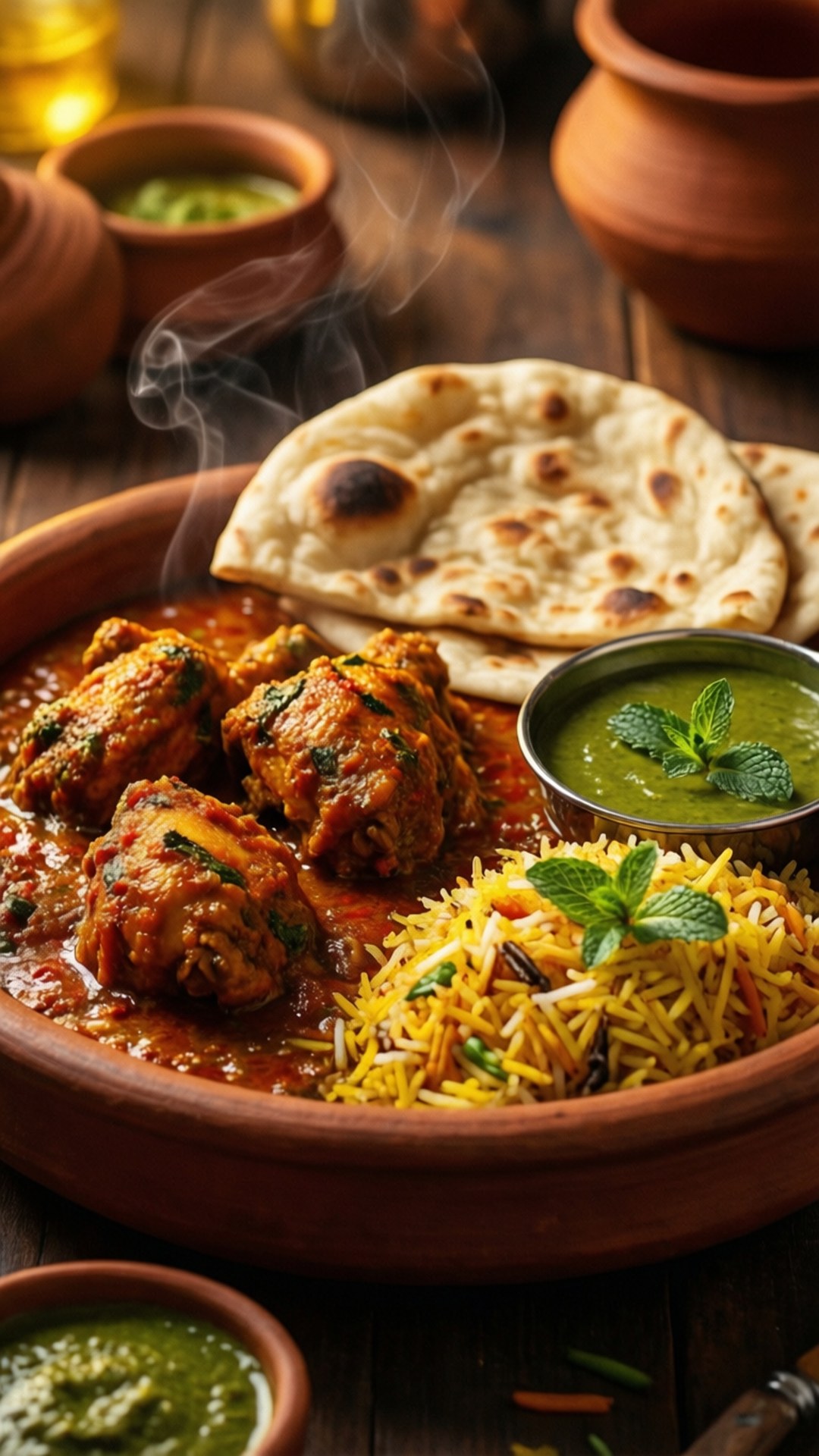 Spicy Chicken Thali, clay bowl, spicy chicken curry, Full HD Phone Wallpaper