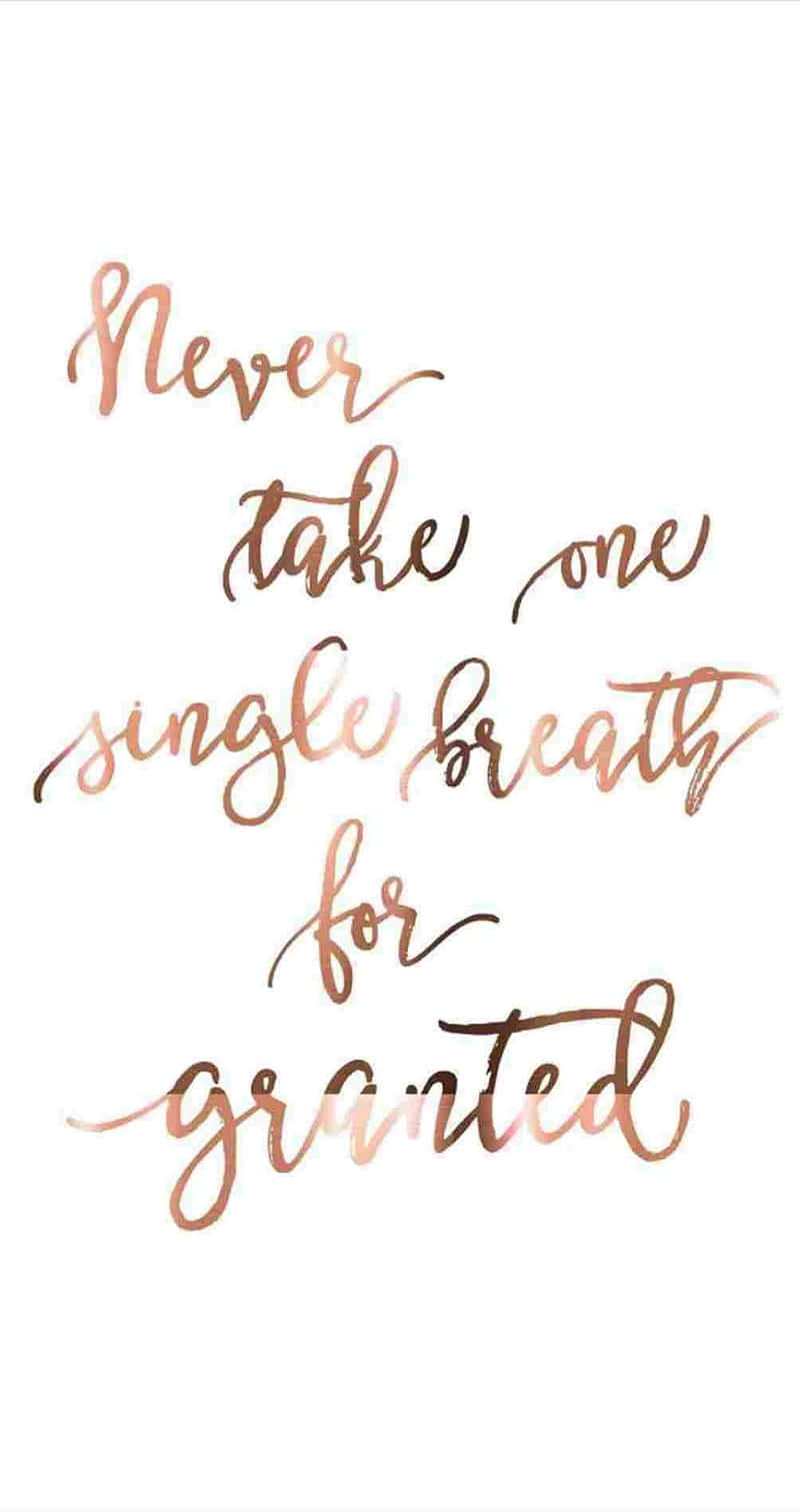 rose gold, cursive text, Never take one single breath for granted, HD Phone Wallpaper