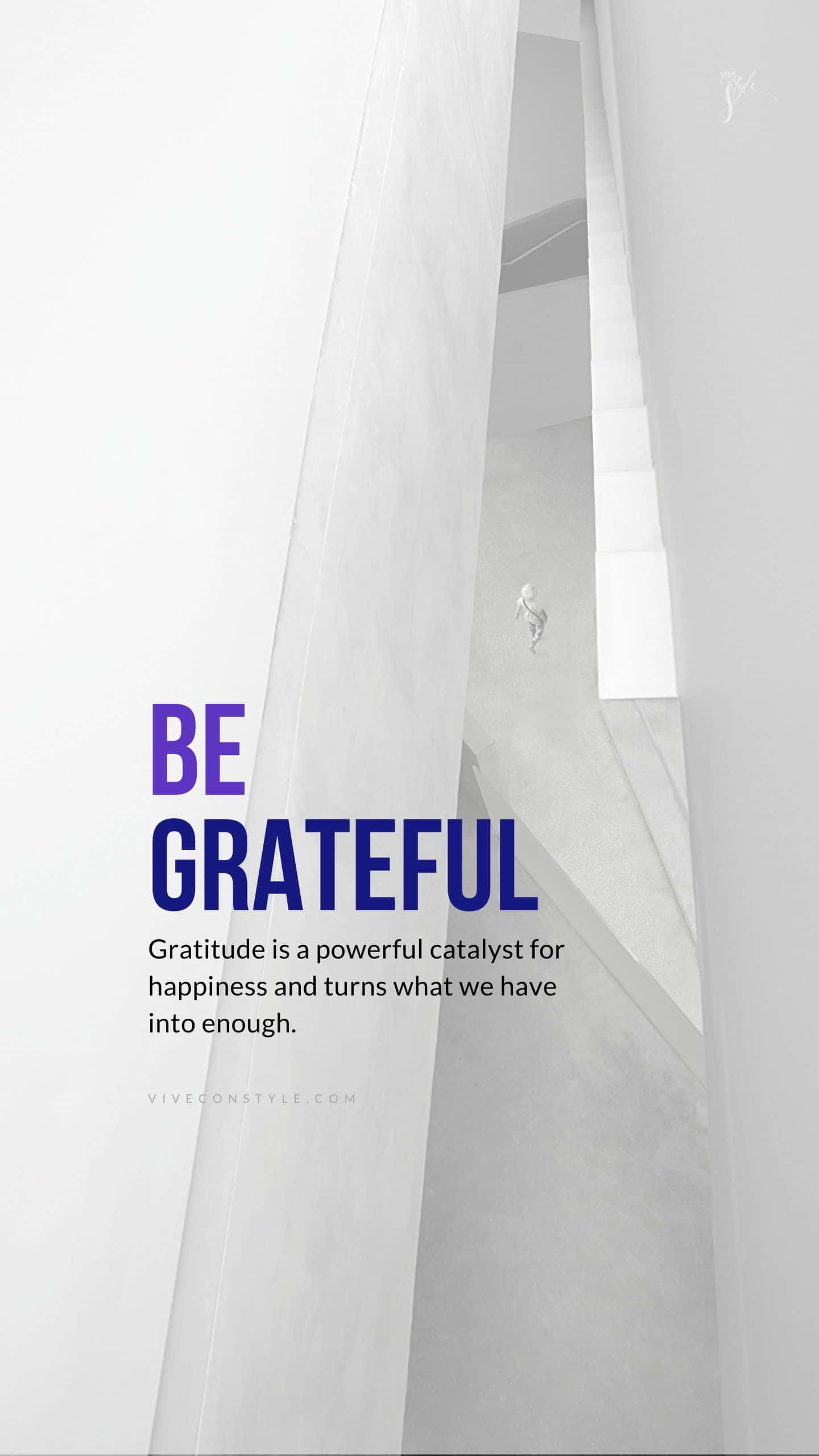 BE GRATEFUL, white architectural space, bold purple and blue text, 2K Phone Wallpaper
