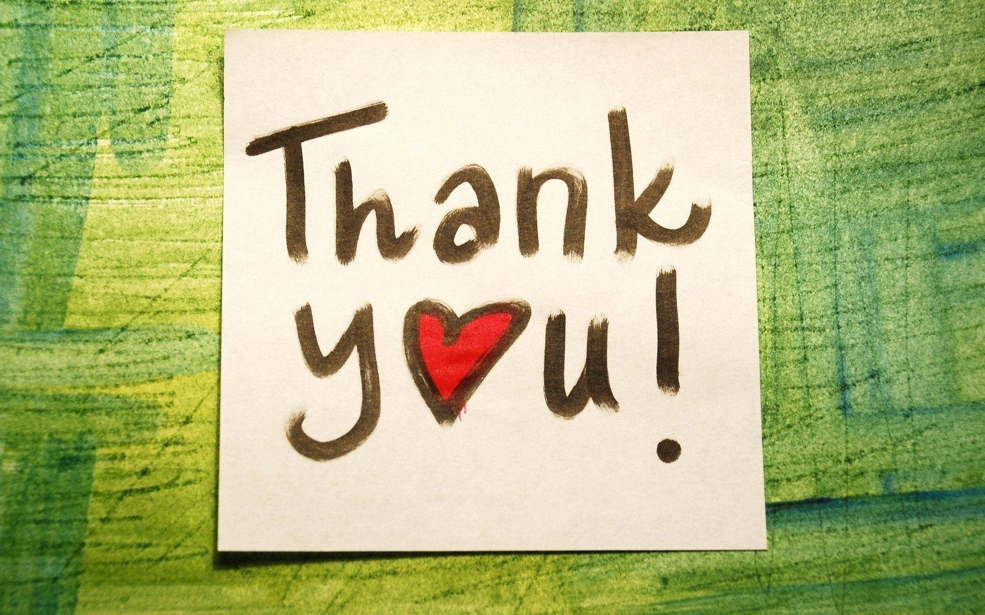 green background, handwritten thank you note, red heart, Full HD Desktop Wallpaper