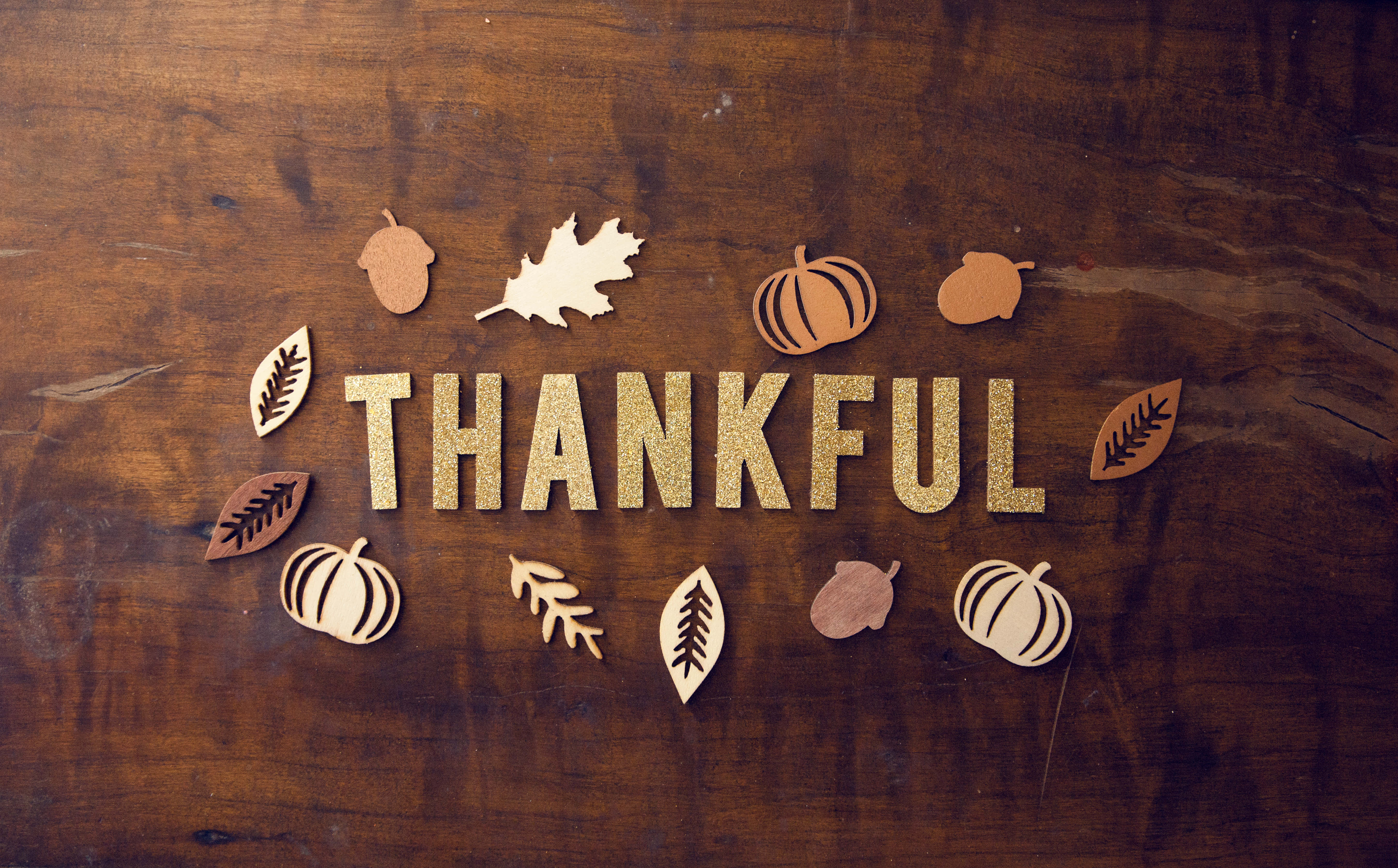 Thanksgiving, glittery gold letters, autumn leaves, 5K Desktop Wallpaper