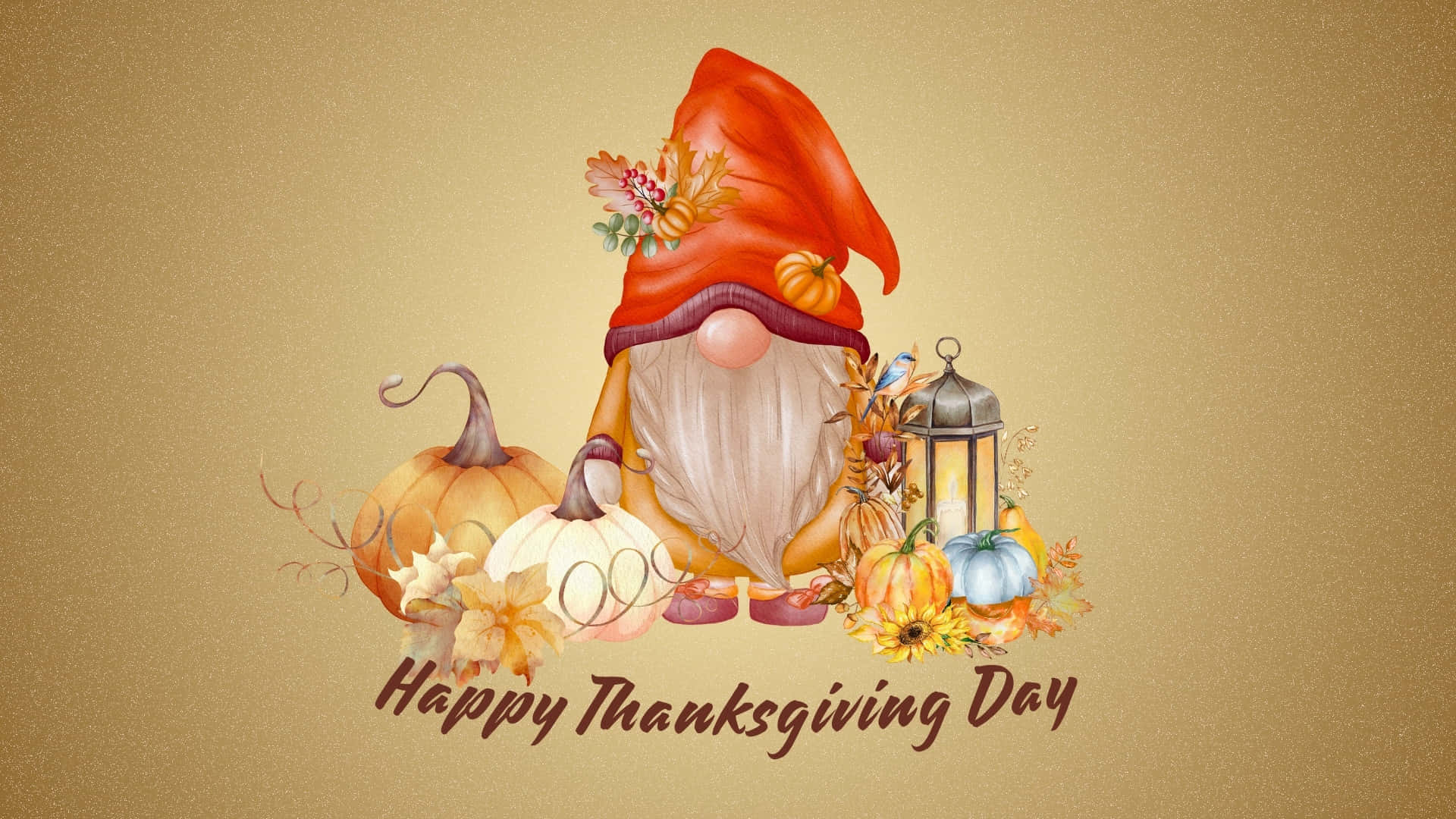 Thanksgiving Gnome, red hat, autumn leaves, Full HD Desktop Wallpaper