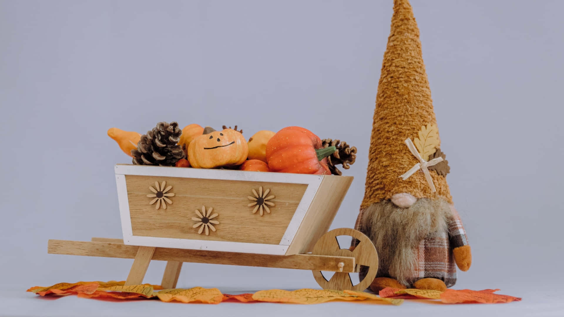 Thanksgiving Gnome, harvest cart, wooden wheelbarrow, Full HD Desktop Wallpaper