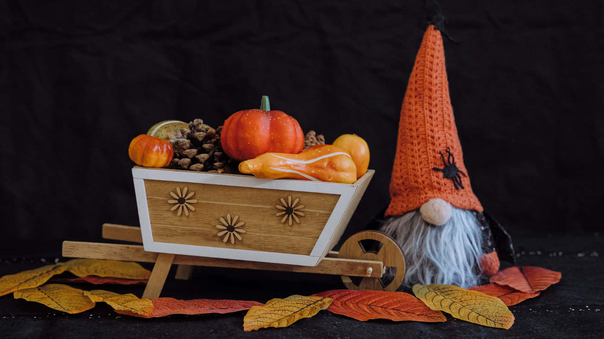 Thanksgiving Gnome, harvest wagon, pumpkins, Full HD Desktop Wallpaper
