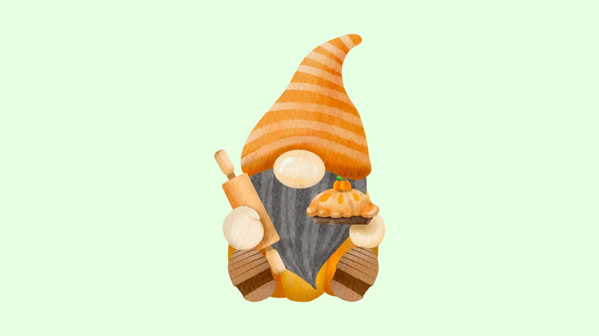 Thanksgiving Gnome, orange striped hat, pumpkin pie, Full HD Desktop Wallpaper