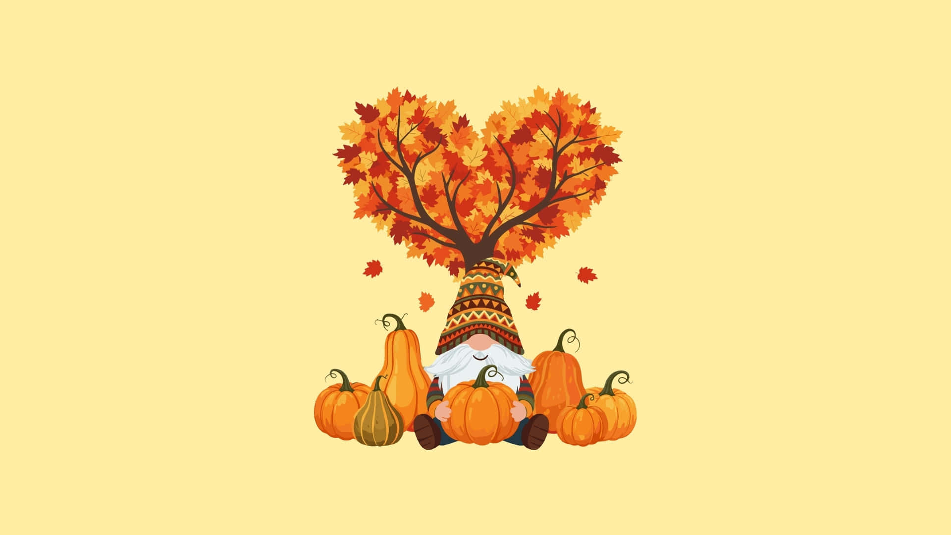 Thanksgiving Gnome, pumpkins, heart-shaped tree, Full HD Desktop Wallpaper