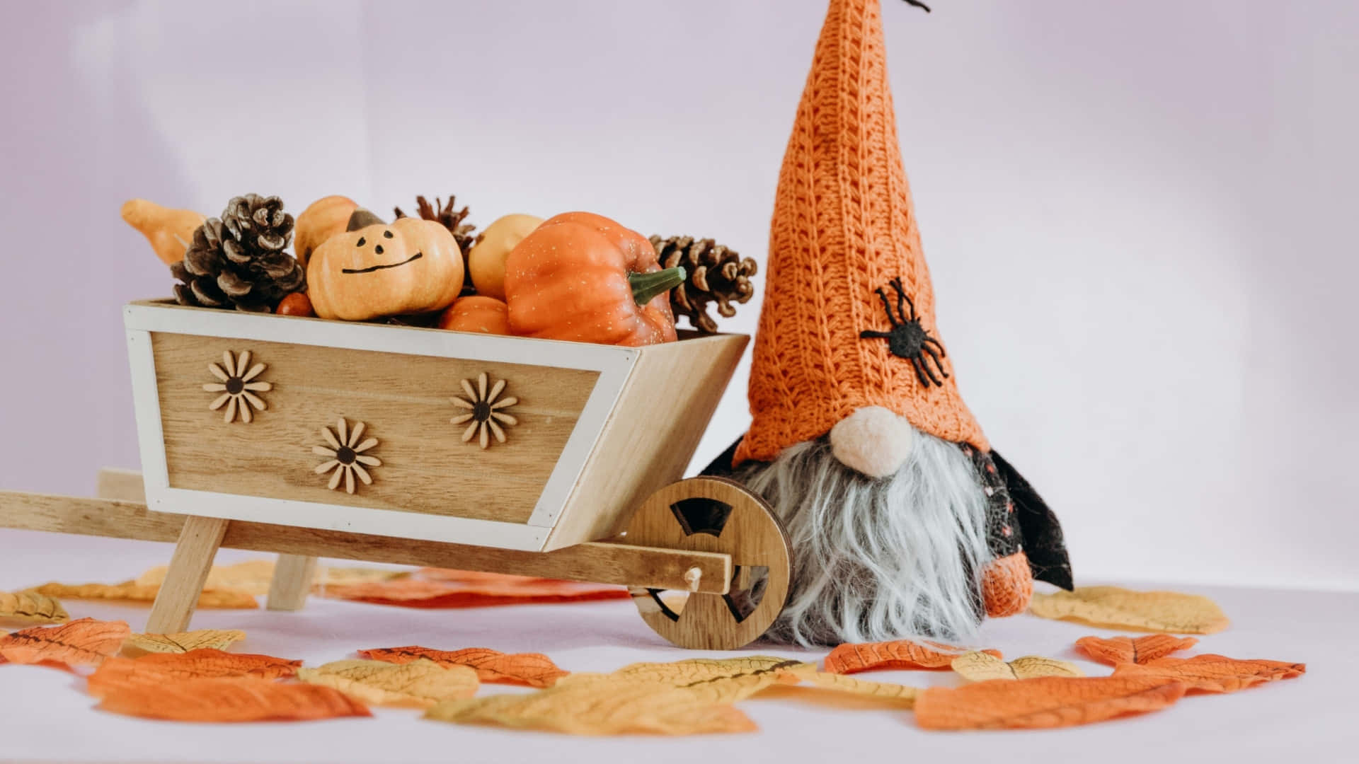 Thanksgiving Gnome, pumpkin wagon, orange knit hat, Full HD Desktop Wallpaper