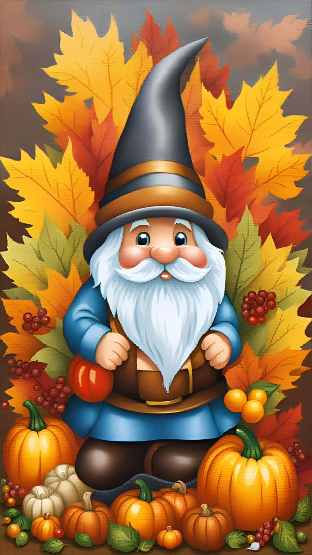 Thanksgiving Gnome, pumpkins, autumn leaves, Full HD Phone Wallpaper