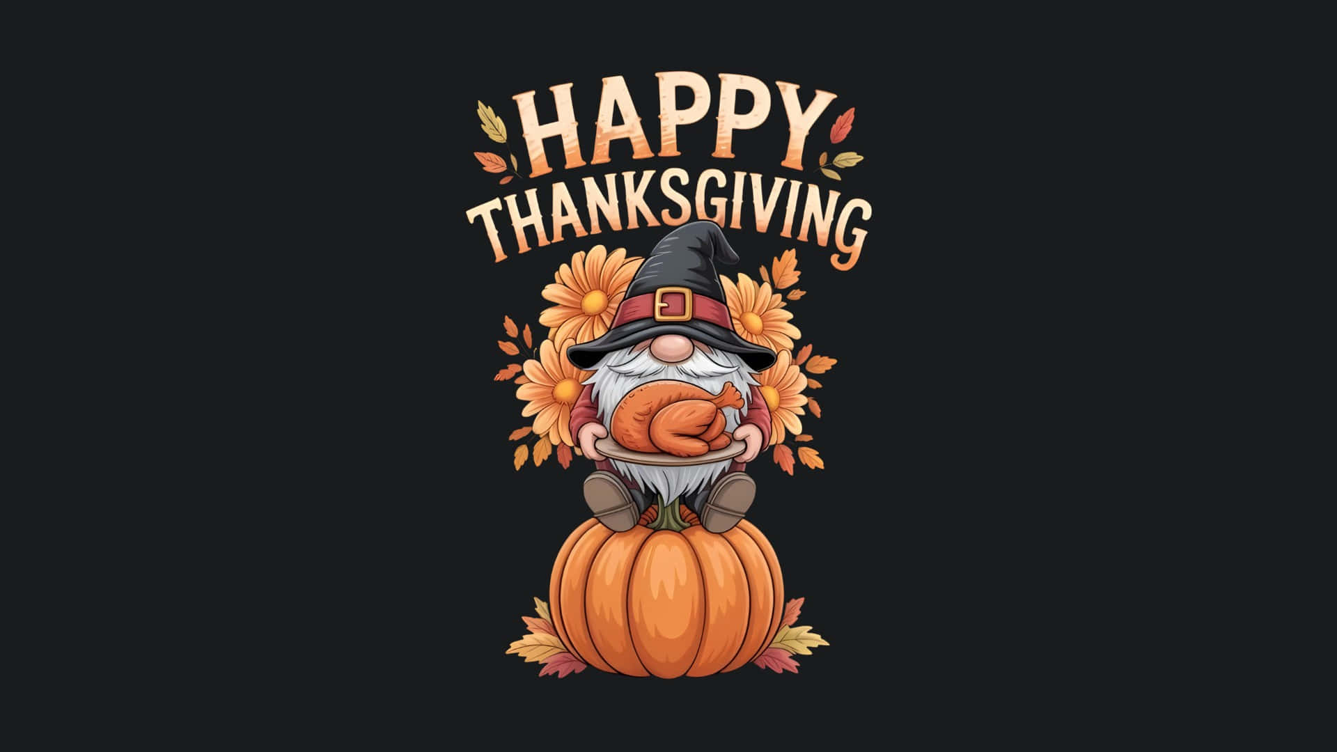 Thanksgiving Gnome, pilgrim hat, roasted turkey, Full HD Desktop Wallpaper