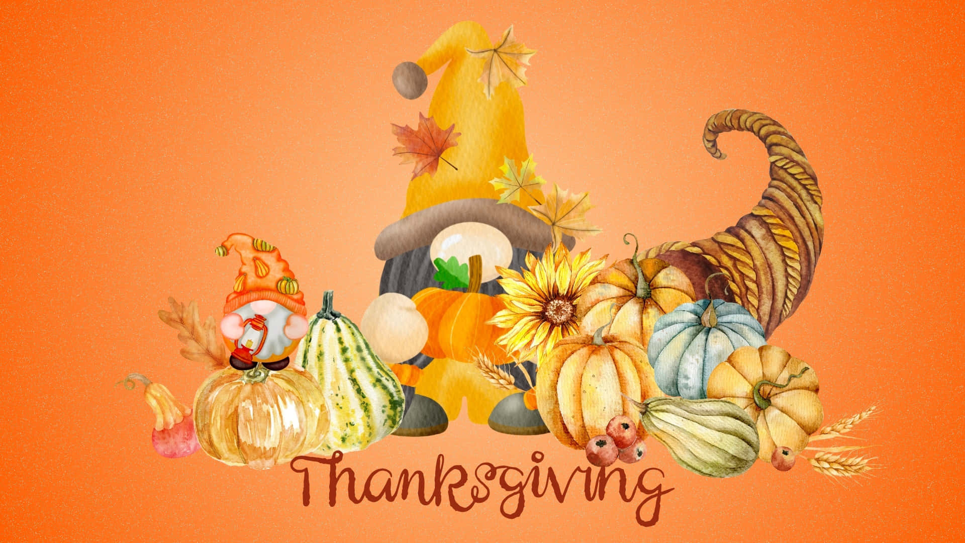 Thanksgiving Gnome, cornucopia, pumpkins, Full HD Desktop Wallpaper